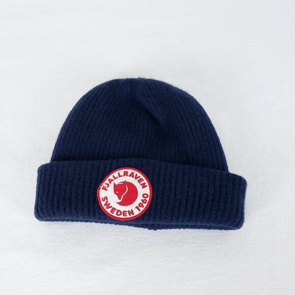 Fjallraven Navy Blue Beanie 100% Wool Thick Ribbed Knit Logo Patch - Picture 1 of 9